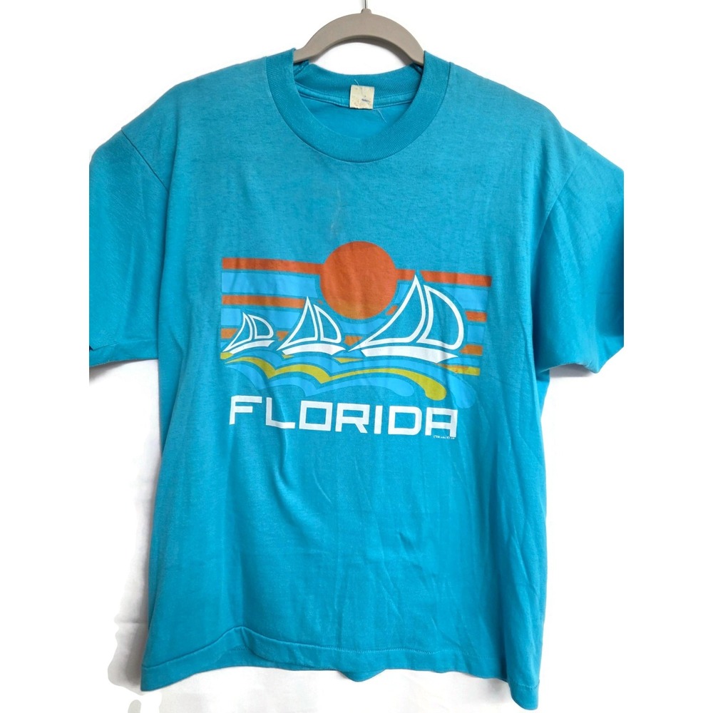 Vintage Florida Shirt Mens Large Blue Sailboat Sunset Beach Graphic Made USA